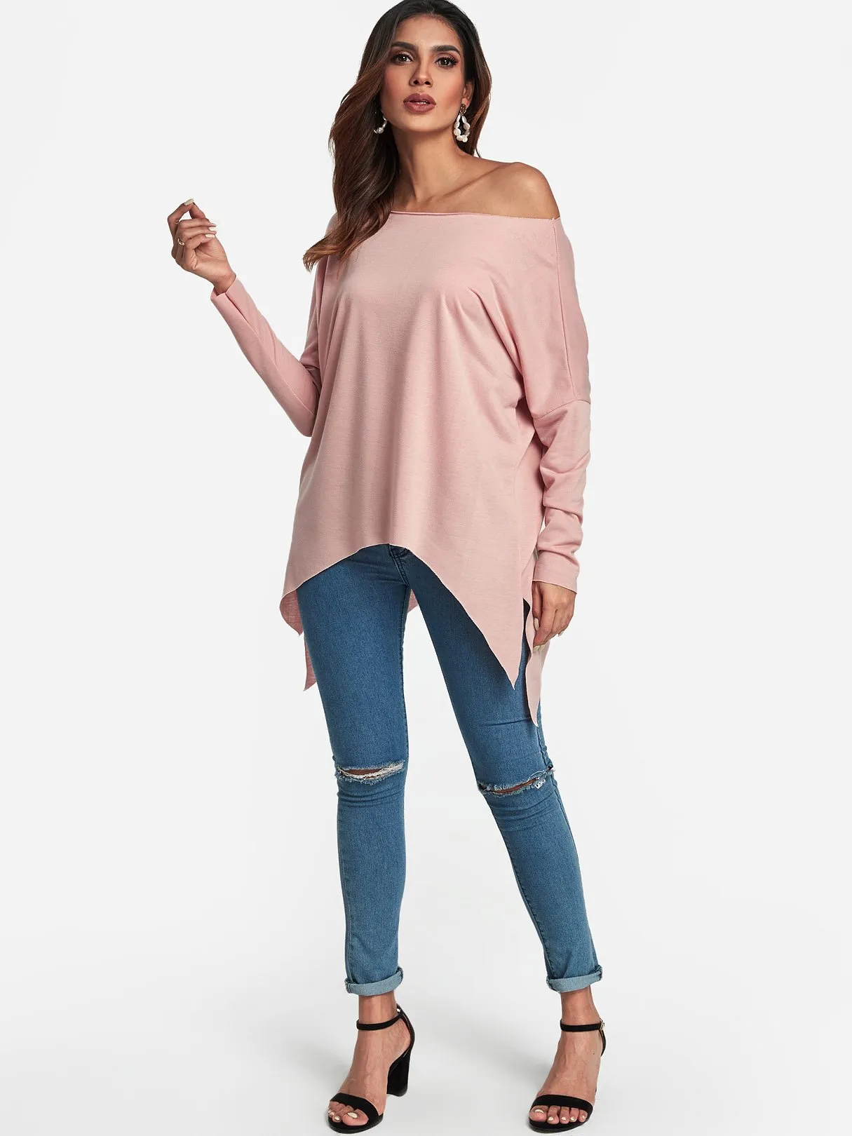 OEM ODM One Shoulder Plain Slit Long Sleeve Irregular Hem Top