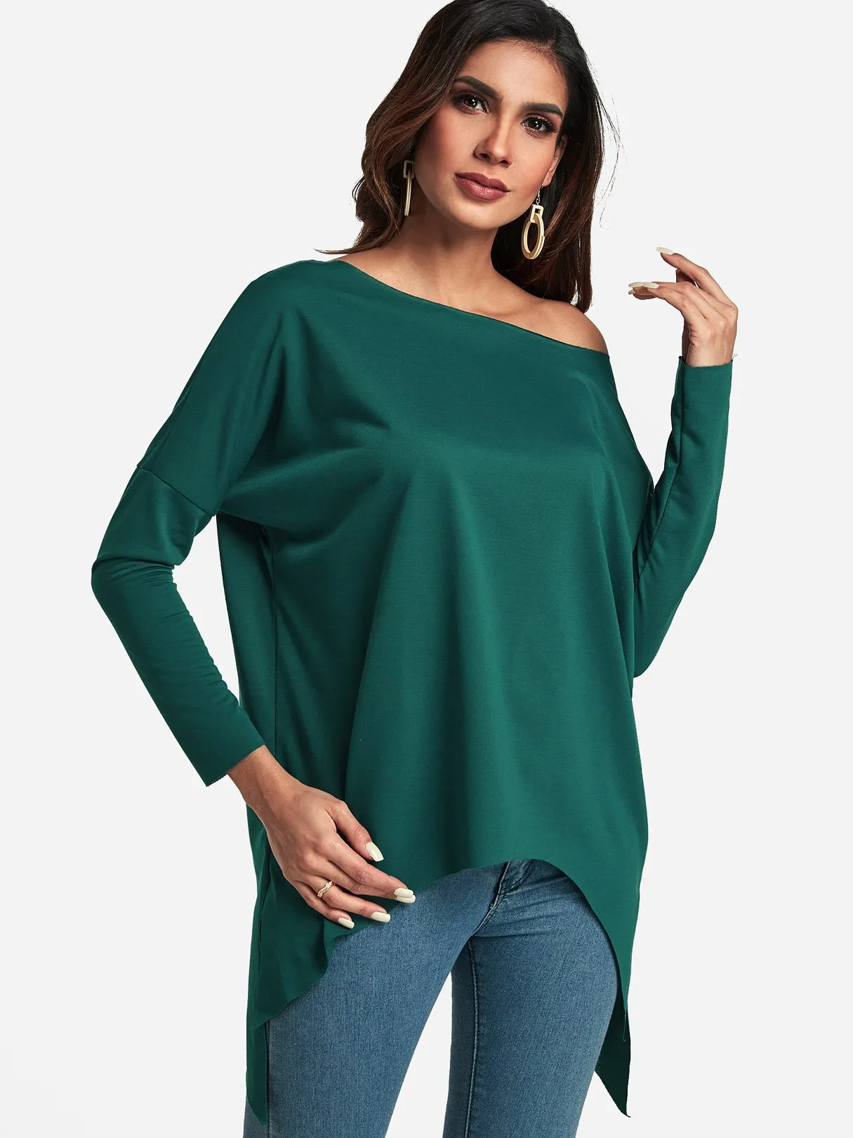 OEM ODM One Shoulder Plain Slit Long Sleeve Irregular Hem Top