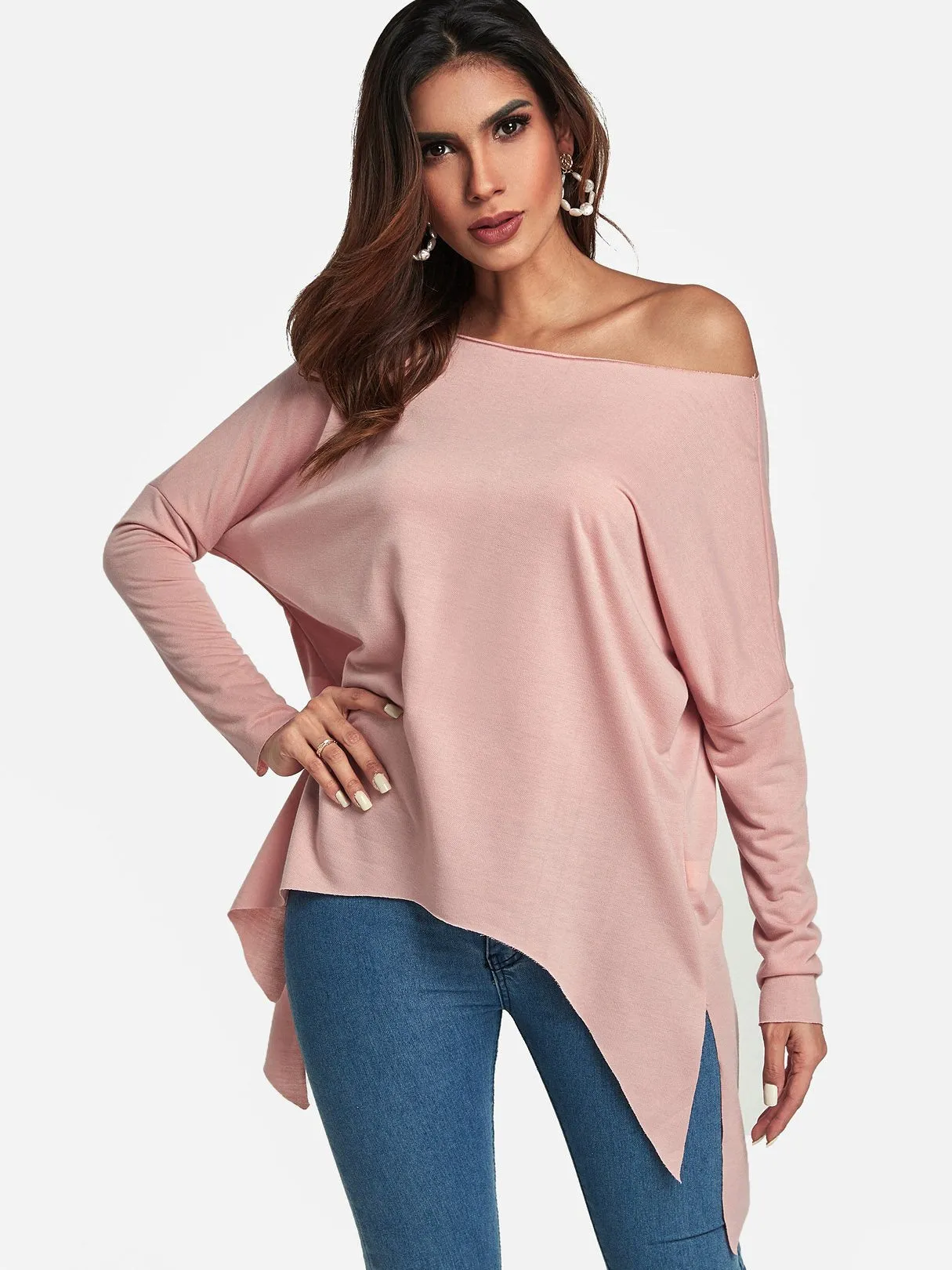 OEM ODM One Shoulder Plain Slit Long Sleeve Irregular Hem Top