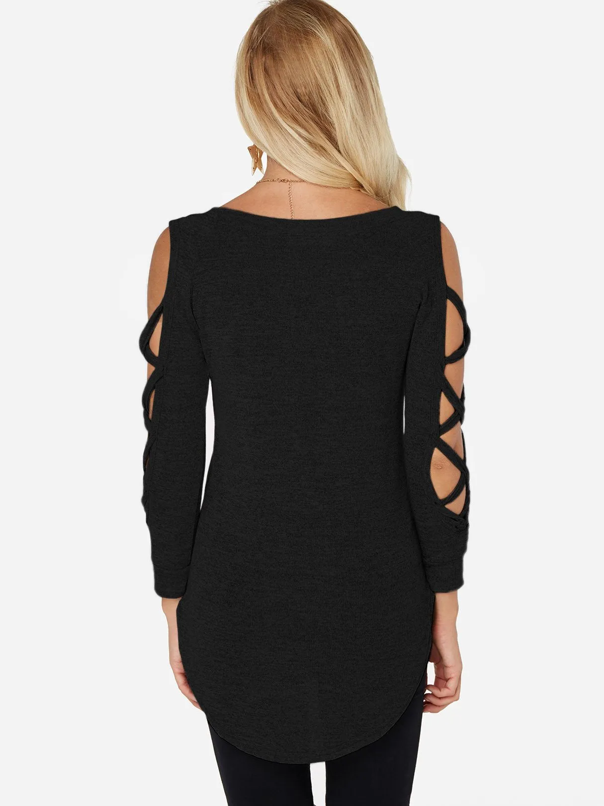 OEM ODM Round Neck Cold Shoulder Plain Crossed Front Lace-Up Cut Out Long Sleeve Curved Hem T-Shirts