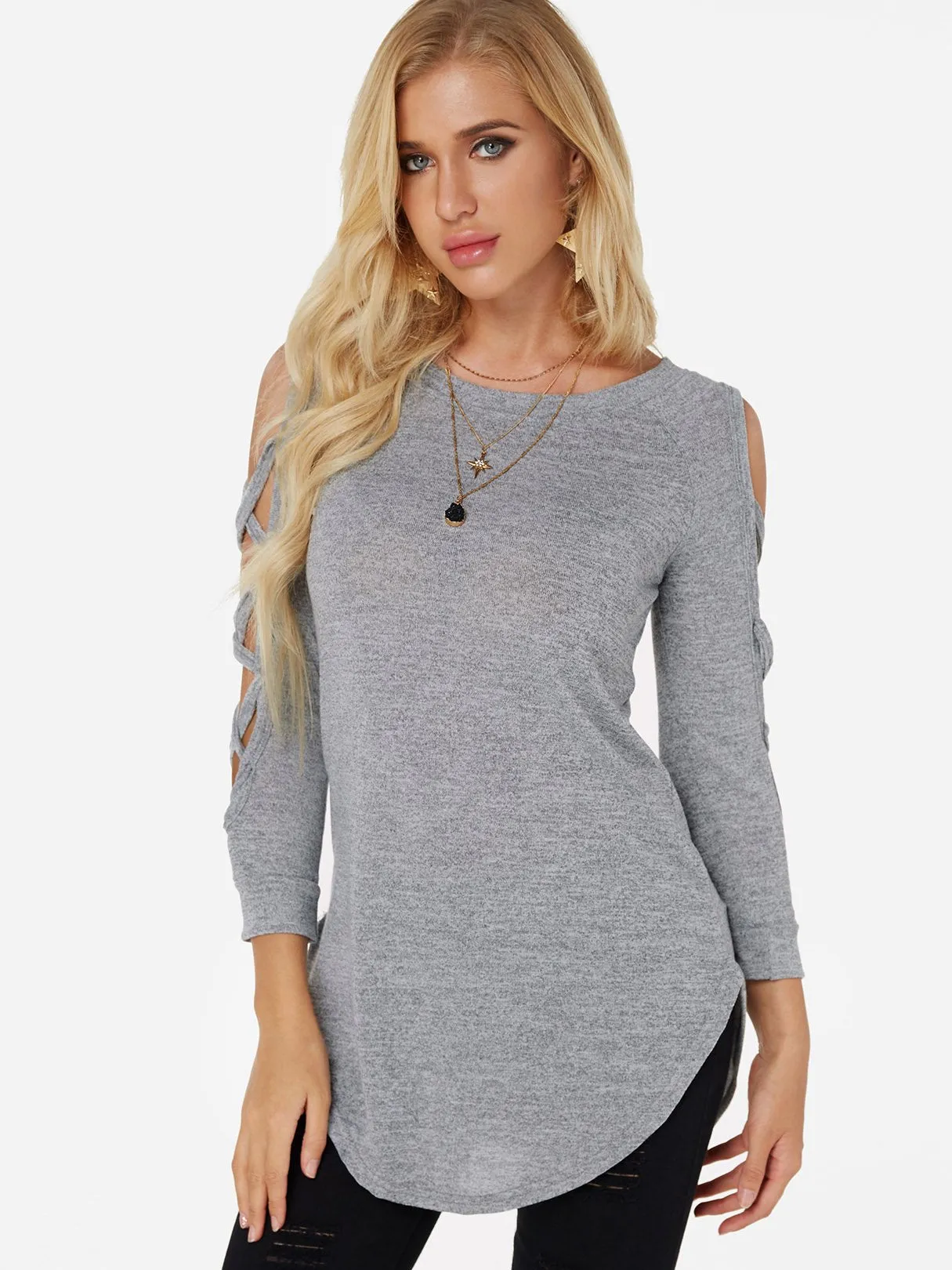 OEM ODM Round Neck Cold Shoulder Plain Crossed Front Lace-Up Cut Out Long Sleeve Curved Hem T-Shirts