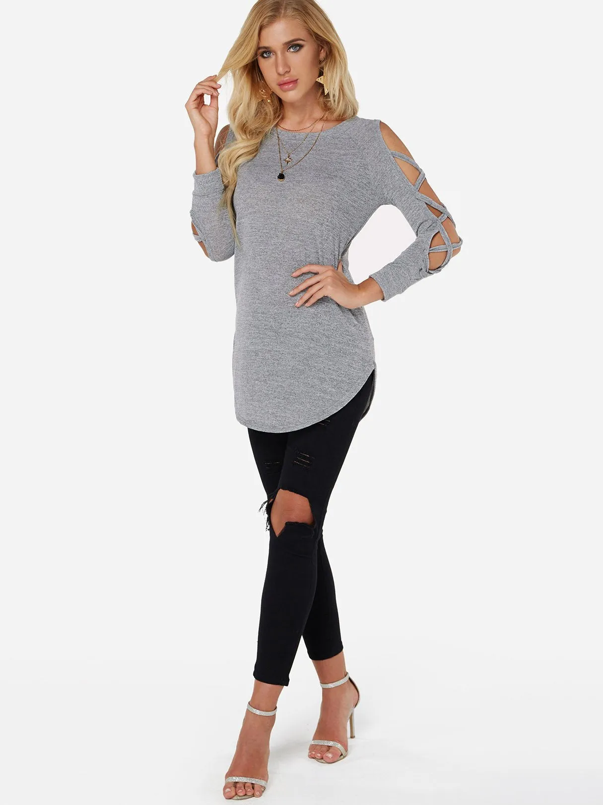 OEM ODM Round Neck Cold Shoulder Plain Crossed Front Lace-Up Cut Out Long Sleeve Curved Hem T-Shirts