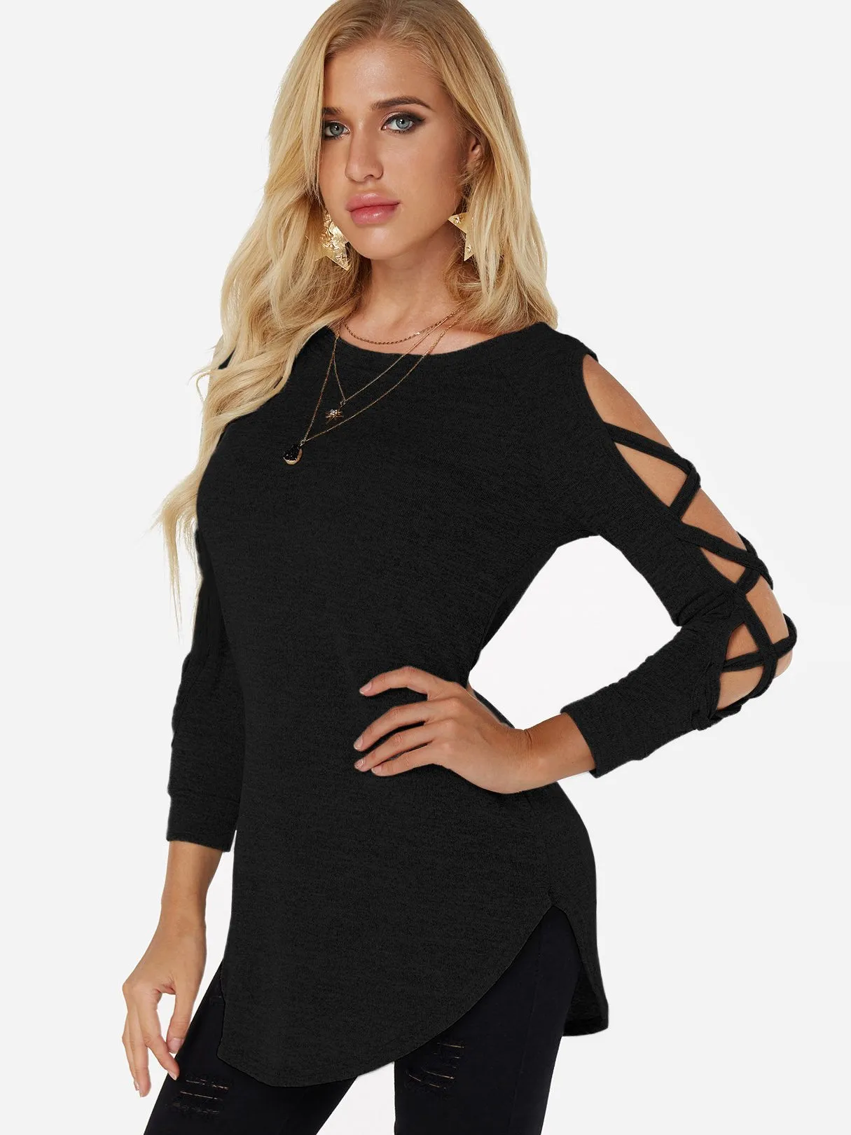 OEM ODM Round Neck Cold Shoulder Plain Crossed Front Lace-Up Cut Out Long Sleeve Curved Hem T-Shirts