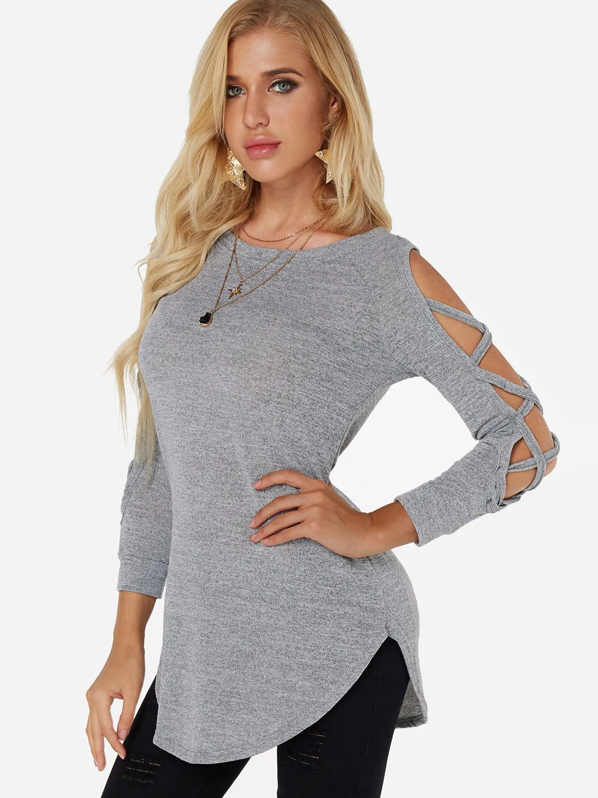 OEM ODM Round Neck Cold Shoulder Plain Crossed Front Lace-Up Cut Out Long Sleeve Curved Hem T-Shirts