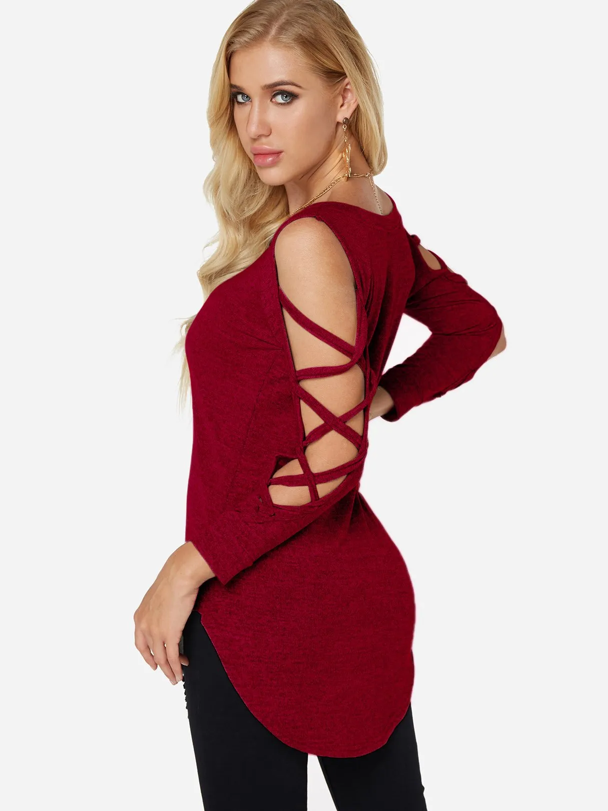 OEM ODM Round Neck Cold Shoulder Plain Crossed Front Lace-Up Cut Out Long Sleeve Curved Hem T-Shirts