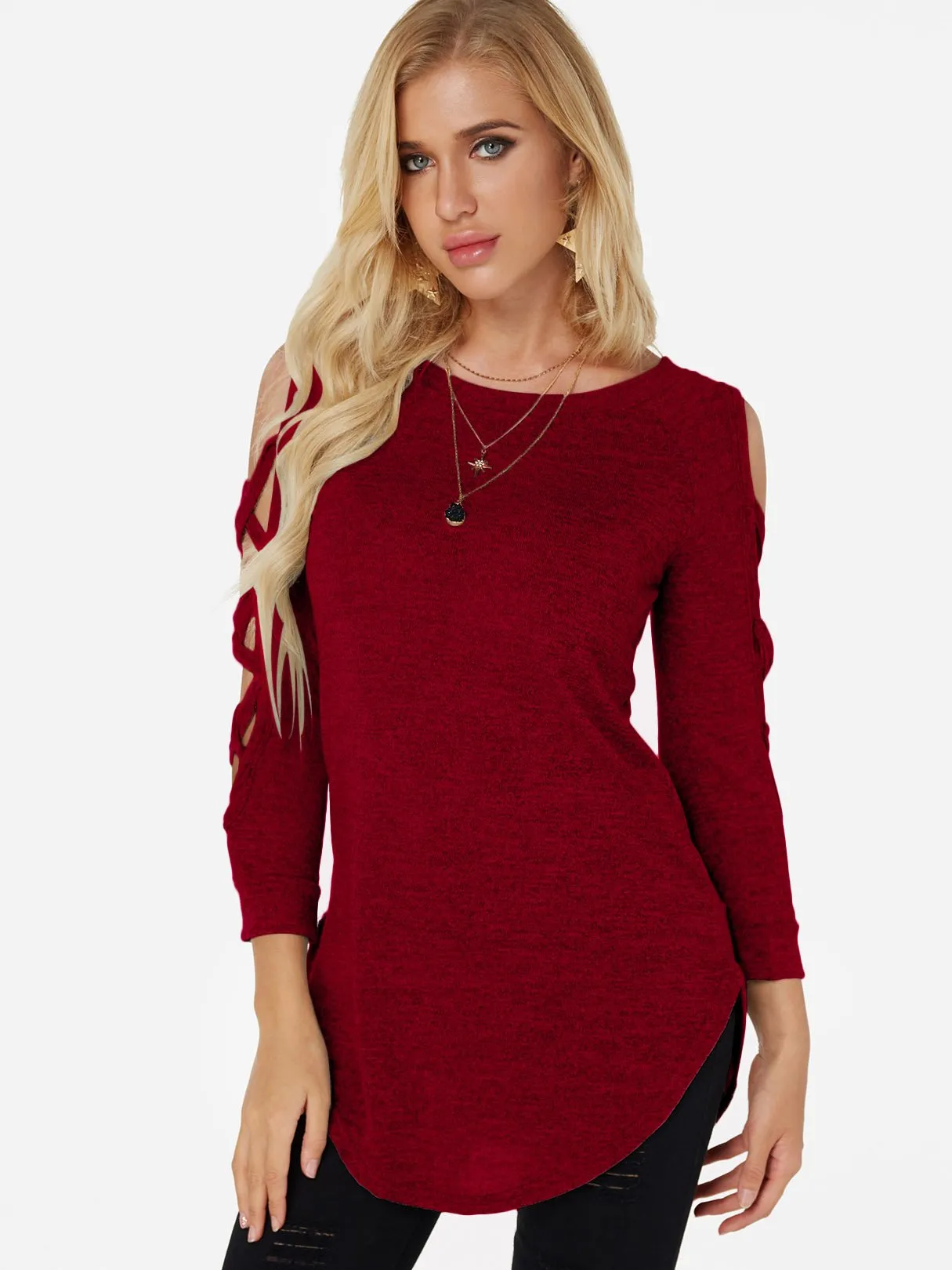 OEM ODM Round Neck Cold Shoulder Plain Crossed Front Lace-Up Cut Out Long Sleeve Curved Hem T-Shirts