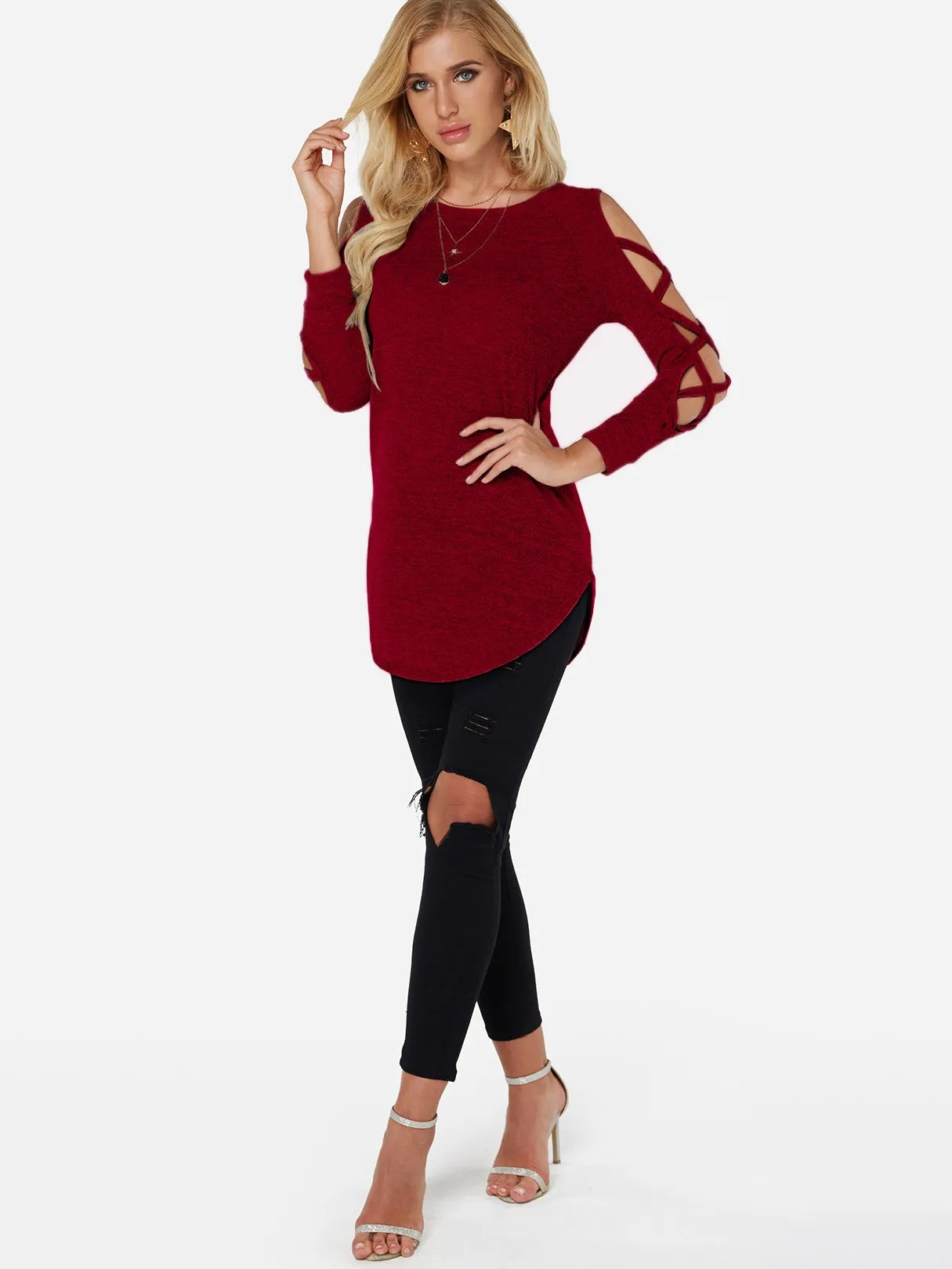 OEM ODM Round Neck Cold Shoulder Plain Crossed Front Lace-Up Cut Out Long Sleeve Curved Hem T-Shirts