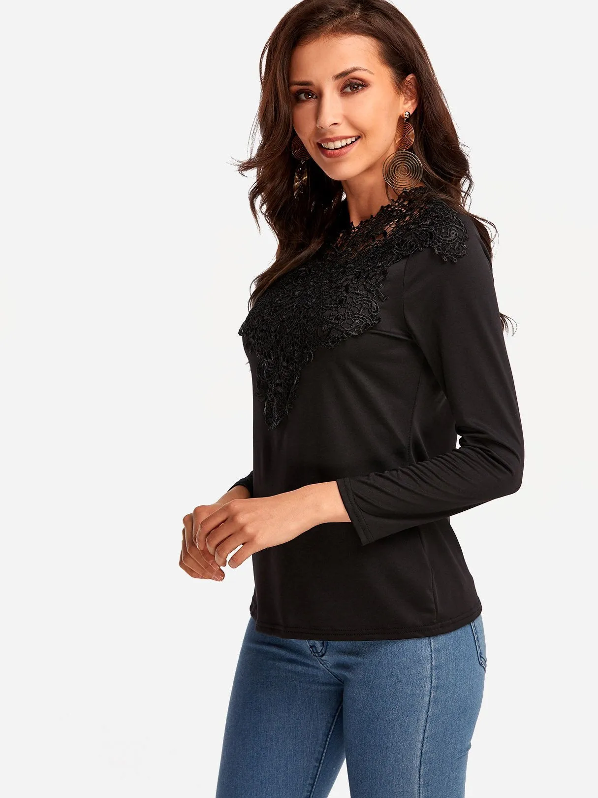 OEM ODM Round Neck Plain Crochet Lace Embellished Hollow Long Sleeve Black T-Shirts