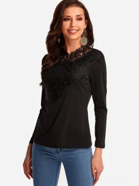 OEM ODM Round Neck Plain Crochet Lace Embellished Hollow Long Sleeve Black T-Shirts