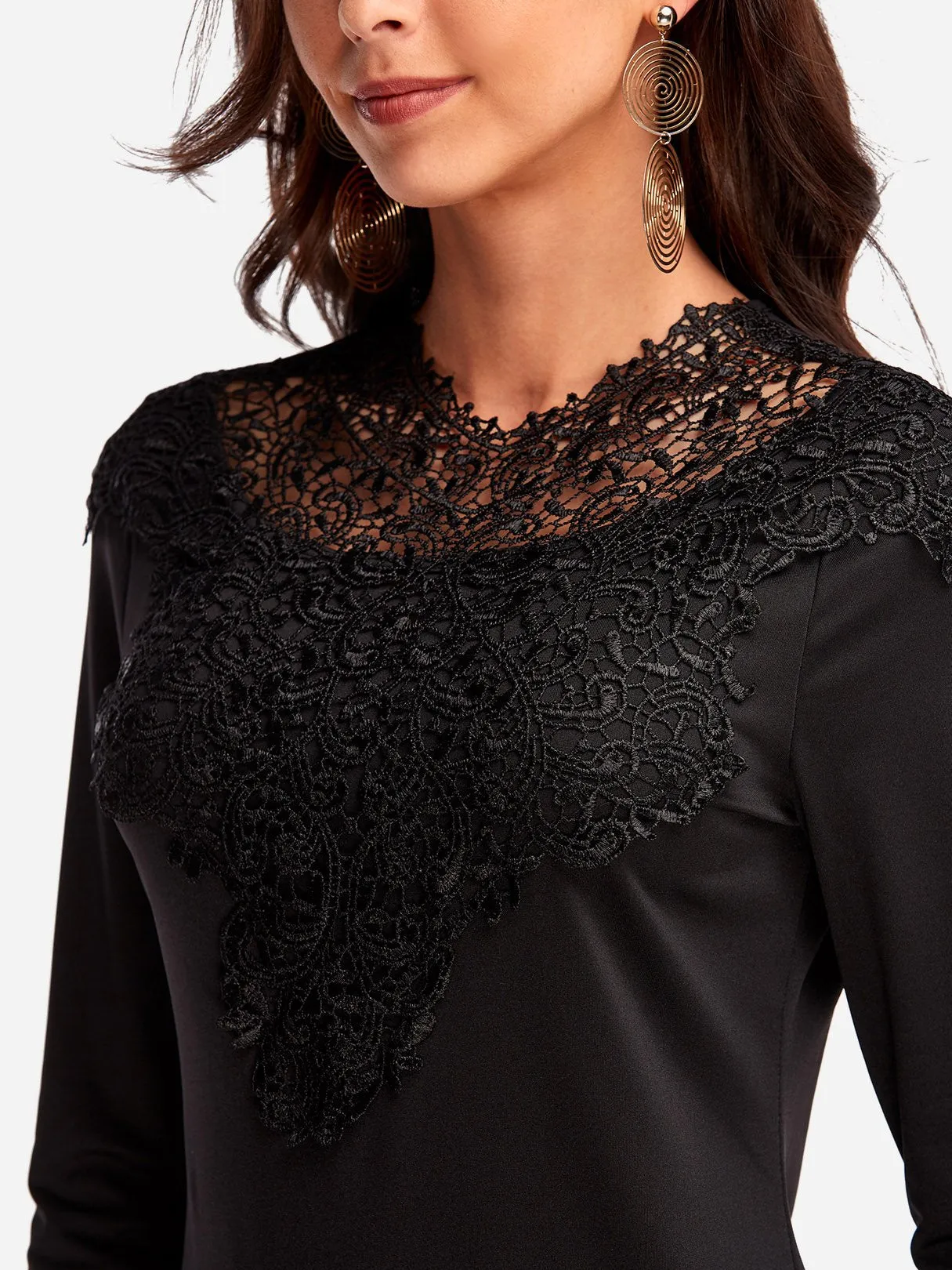 OEM ODM Round Neck Plain Crochet Lace Embellished Hollow Long Sleeve Black T-Shirts