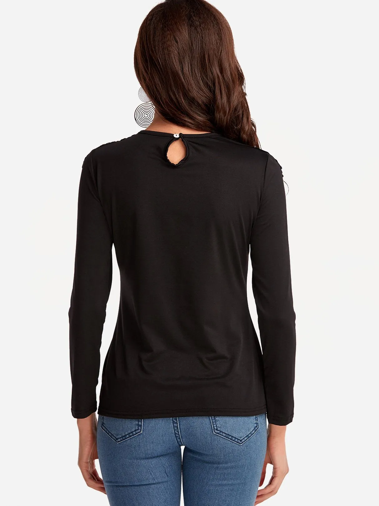 OEM ODM Round Neck Plain Crochet Lace Embellished Hollow Long Sleeve Black T-Shirts