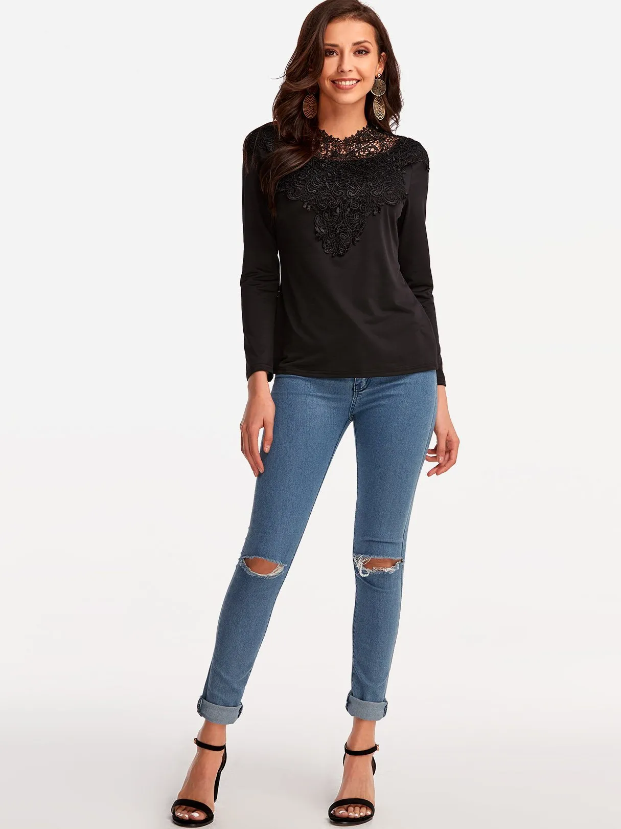 OEM ODM Round Neck Plain Crochet Lace Embellished Hollow Long Sleeve Black T-Shirts