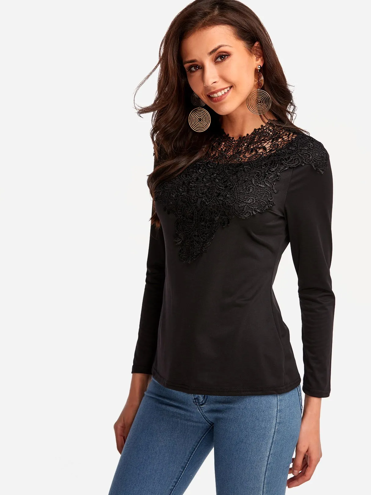 OEM ODM Round Neck Plain Crochet Lace Embellished Hollow Long Sleeve Black T-Shirts