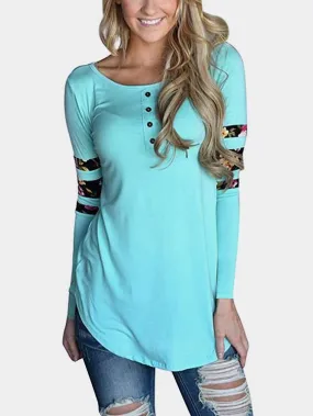 OEM ODM Round Neck Plain Printed Long Sleeve Curved Hem Blue T-Shirts