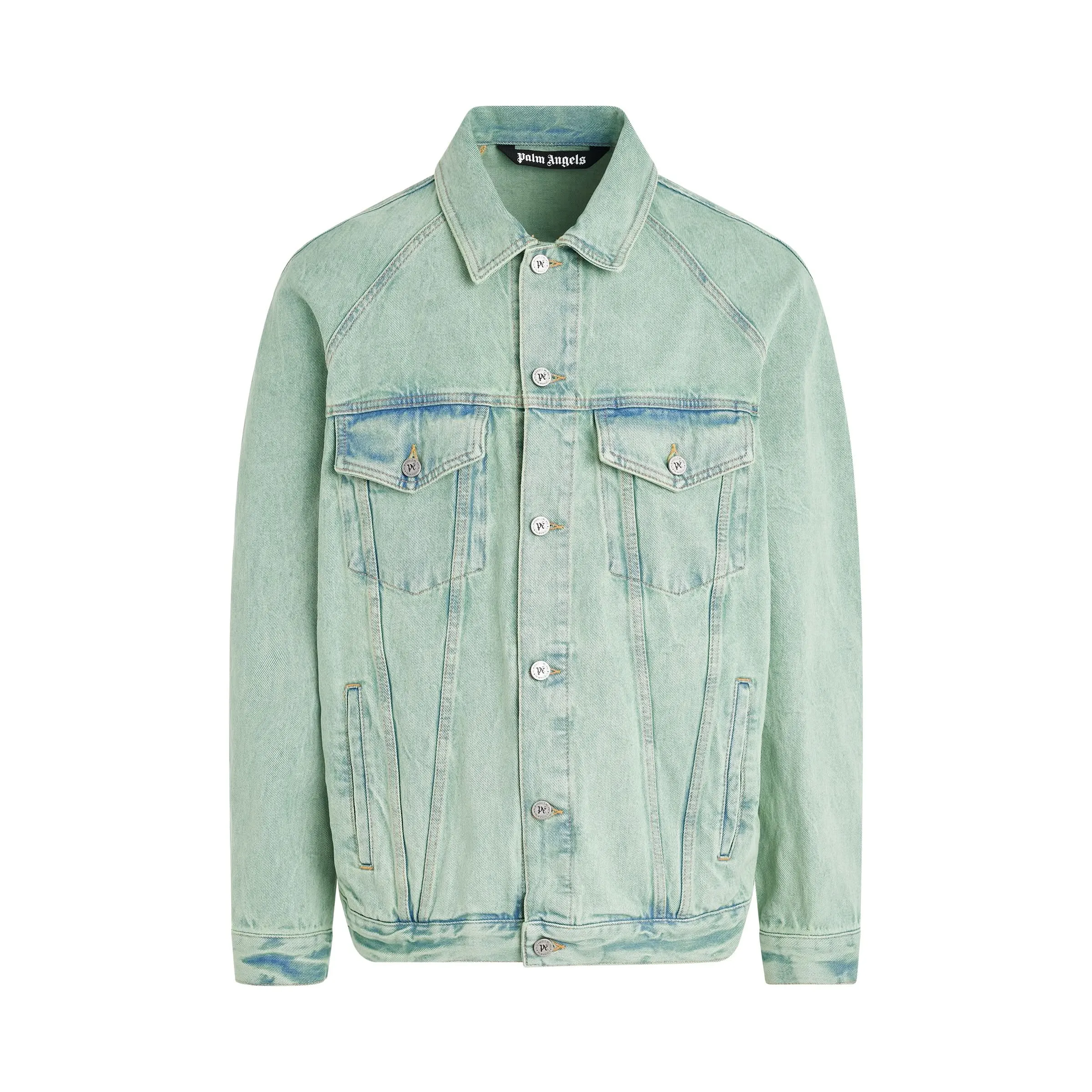 Overdye Logo Loose Denim Jacket in Mint/Off White