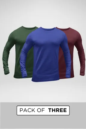 Pack Of 3 Full Sleeve T-Shirts Maroon Bottle Green and Royal Blue for Men