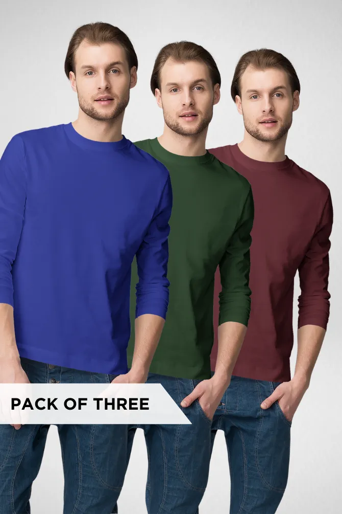 Pack Of 3 Full Sleeve T-Shirts Maroon Bottle Green and Royal Blue for Men