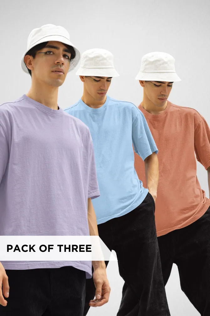 Pack Of 3 Oversized T-Shirts Baby Blue Coral and Lavender for Men