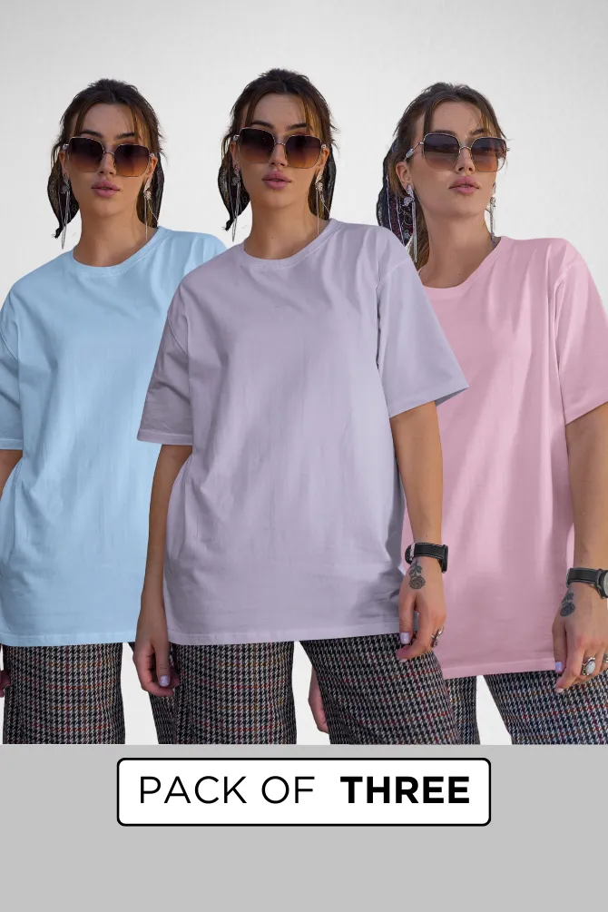 Pack Of 3 Oversized T-Shirts Baby Blue Light Pink and Lavender for Women