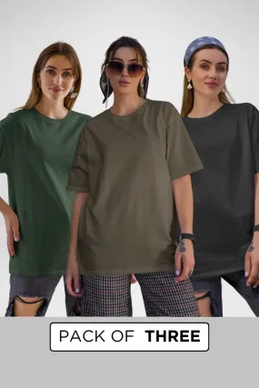 Pack Of 3 Oversized T-Shirts Black Bottle Green and Olive Green for Women