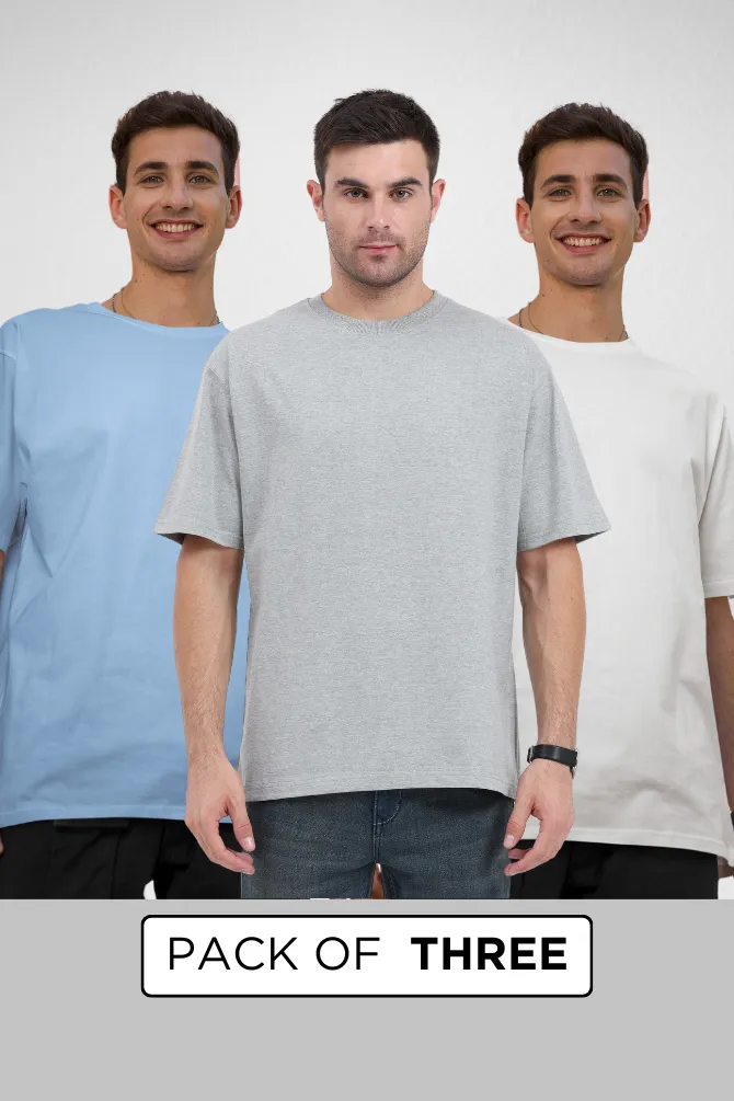 Pack Of 3 Oversized T-Shirts Grey Melange White and Baby Blue for Men