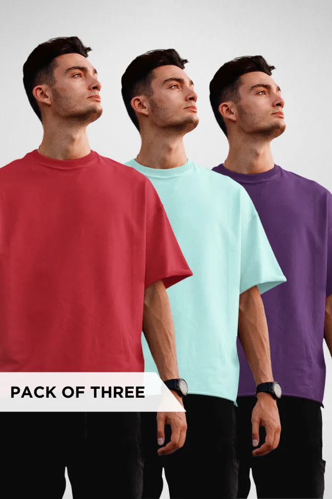 Pack Of 3 Oversized T-Shirts Red Mint and Purple for Men