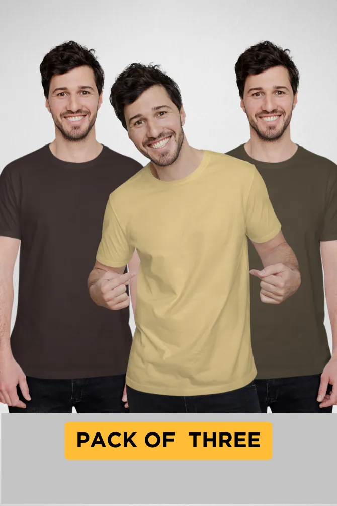 Pack Of 3 Plain T-shirts Coffee Brown Olive Green and Beige for Men