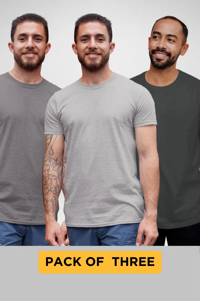 Pack Of 3 Plain T-shirts Grey Melange Steel Grey and Charcoal Melange for Men