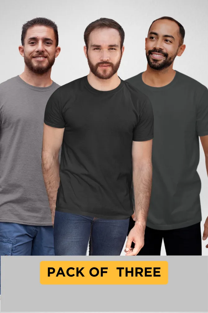 Pack Of 3 Plain T-shirts Steel Grey Charcoal Melange and Black for Men