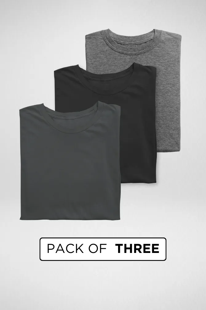 Pack Of 3 Plain T-shirts Steel Grey Charcoal Melange and Black for Men