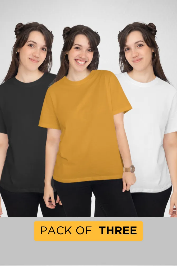 Pack Of 3 Plain T-shirts White Black and Mustard Yellow for Women