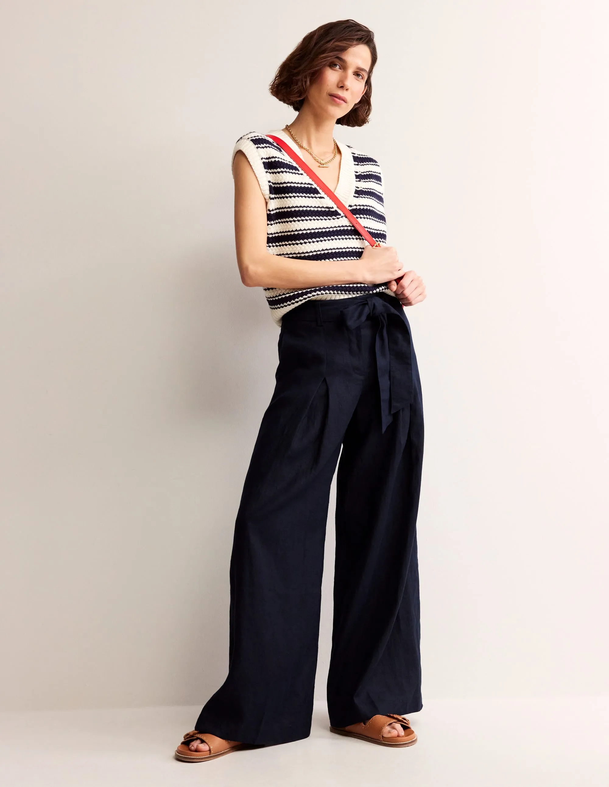 Palazzo Linen Trousers-Navy