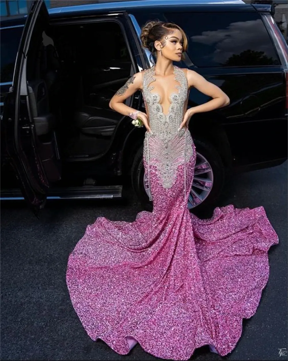 Pink Velvet Sequin Silver Crystal Tassel Prom Dress Luxury Black Girls Mermaid Cocktail Dresses Wedding Dress Africa robe de bal