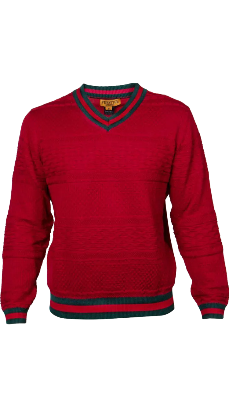 Prestige Men's Red V-neck Sweater Fashion style Green and Red Stripes