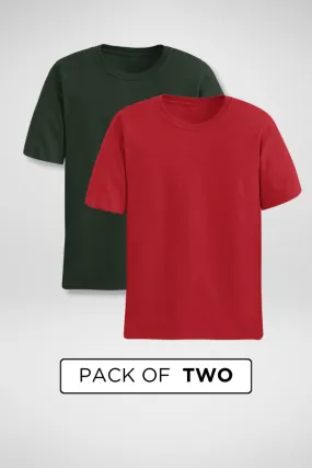 Red and Bottle Green Plain T-shirts Combo for Men