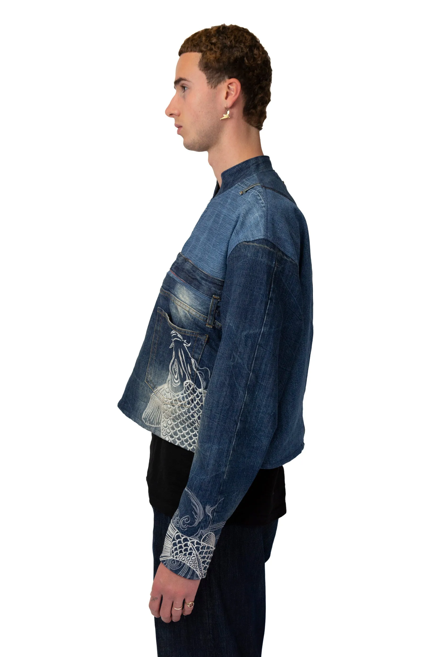 Rework: Kara Kuri Tamashi Zip Up Fish Embroidered Denim Jacket