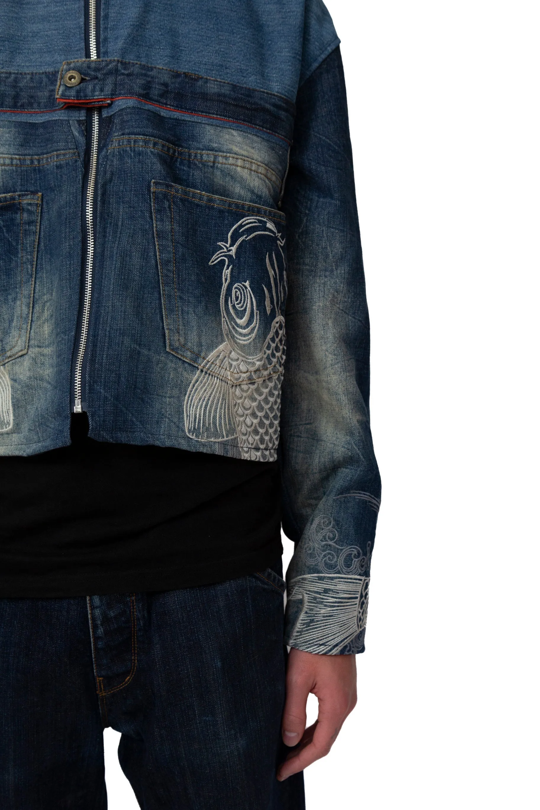 Rework: Kara Kuri Tamashi Zip Up Fish Embroidered Denim Jacket