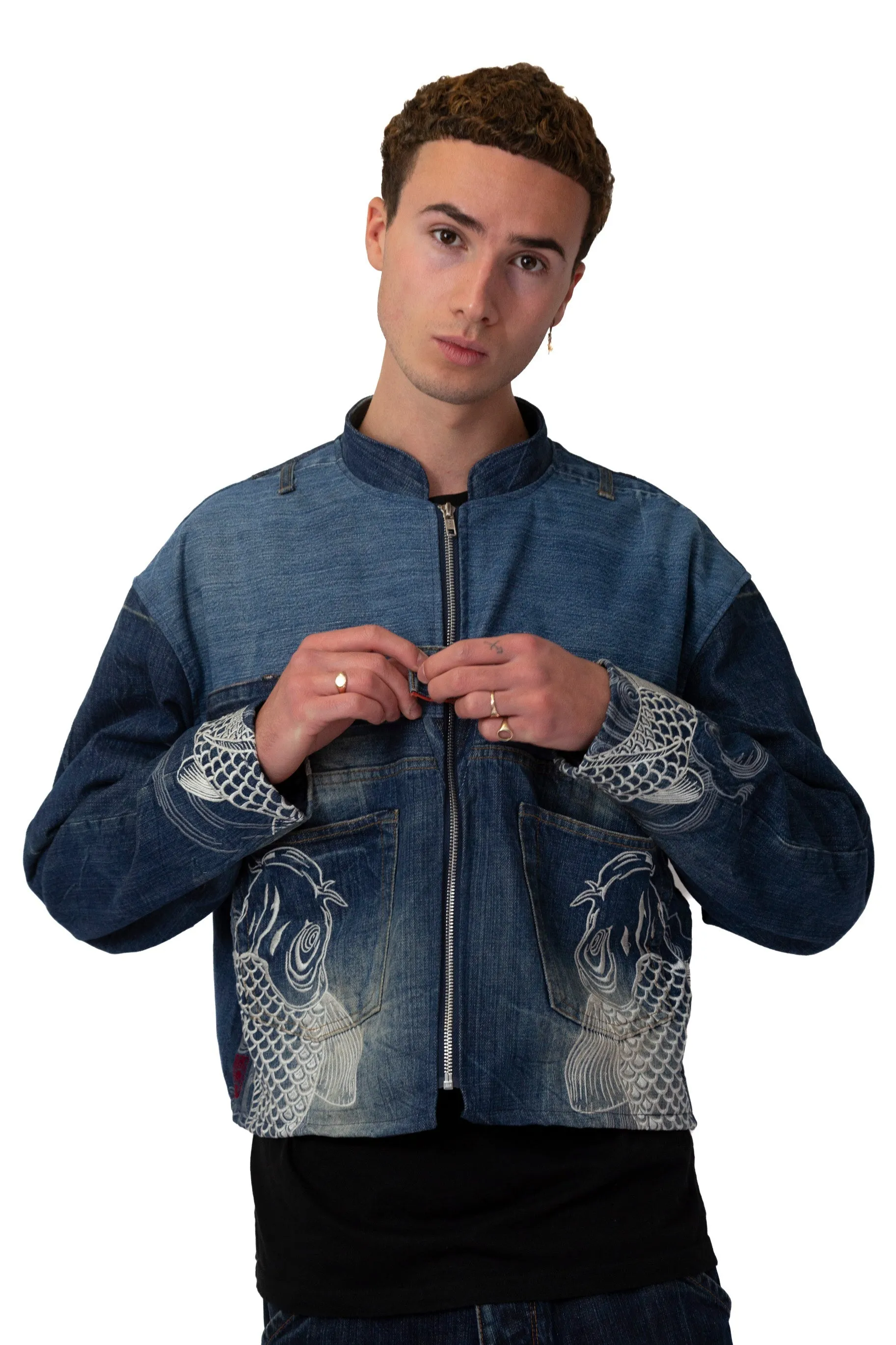 Rework: Kara Kuri Tamashi Zip Up Fish Embroidered Denim Jacket