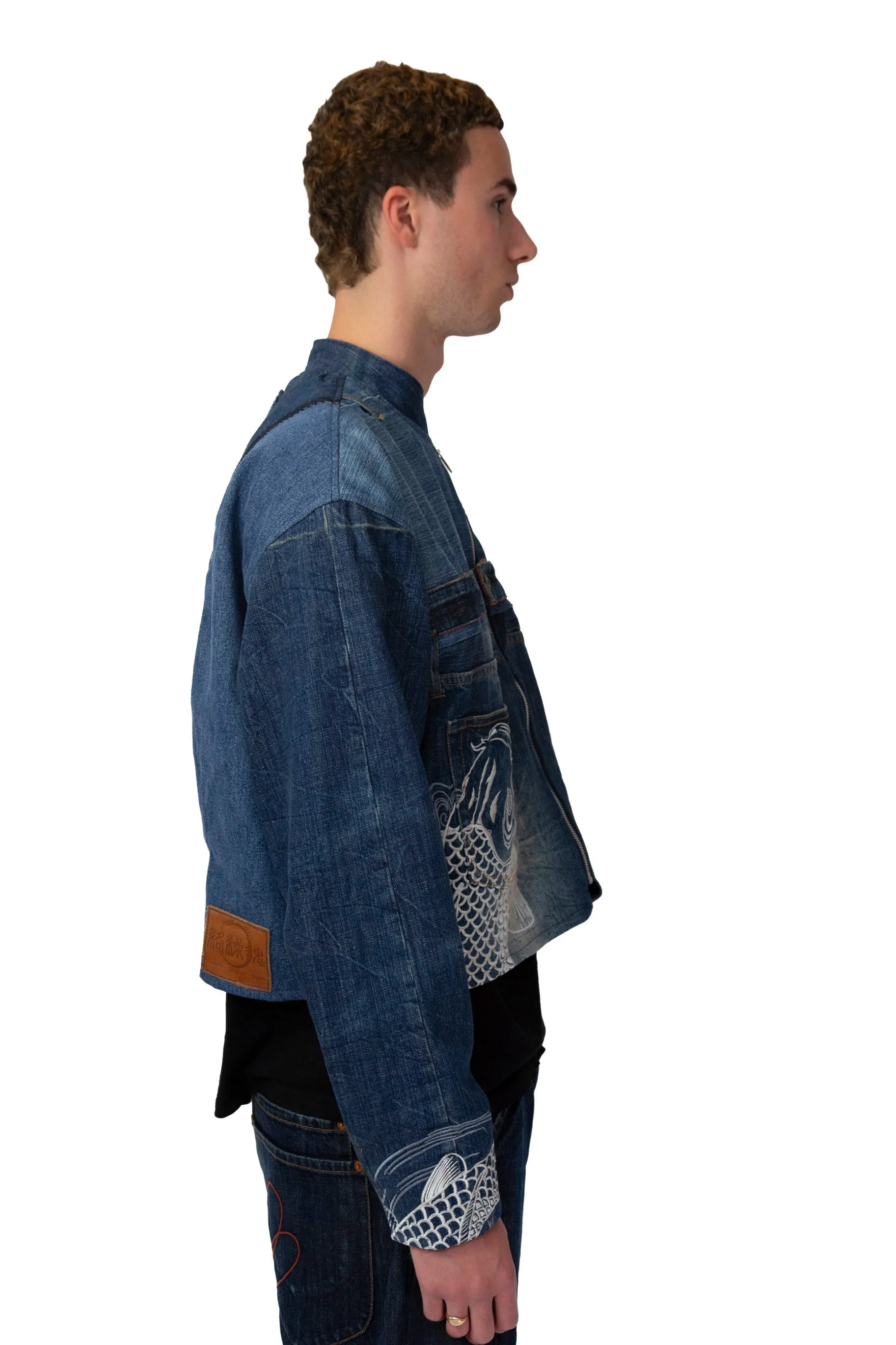 Rework: Kara Kuri Tamashi Zip Up Fish Embroidered Denim Jacket