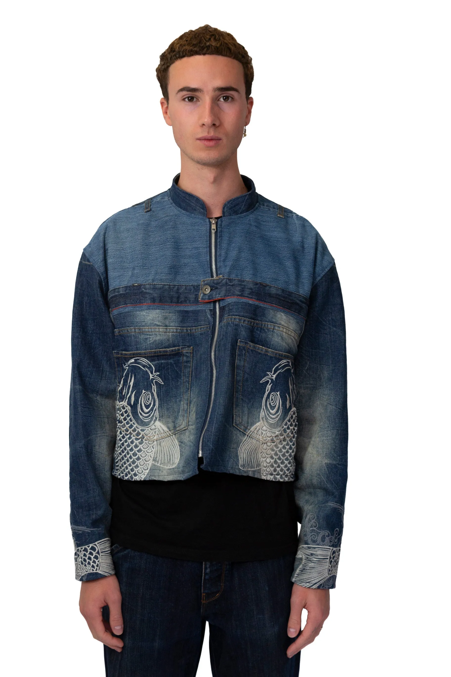 Rework: Kara Kuri Tamashi Zip Up Fish Embroidered Denim Jacket