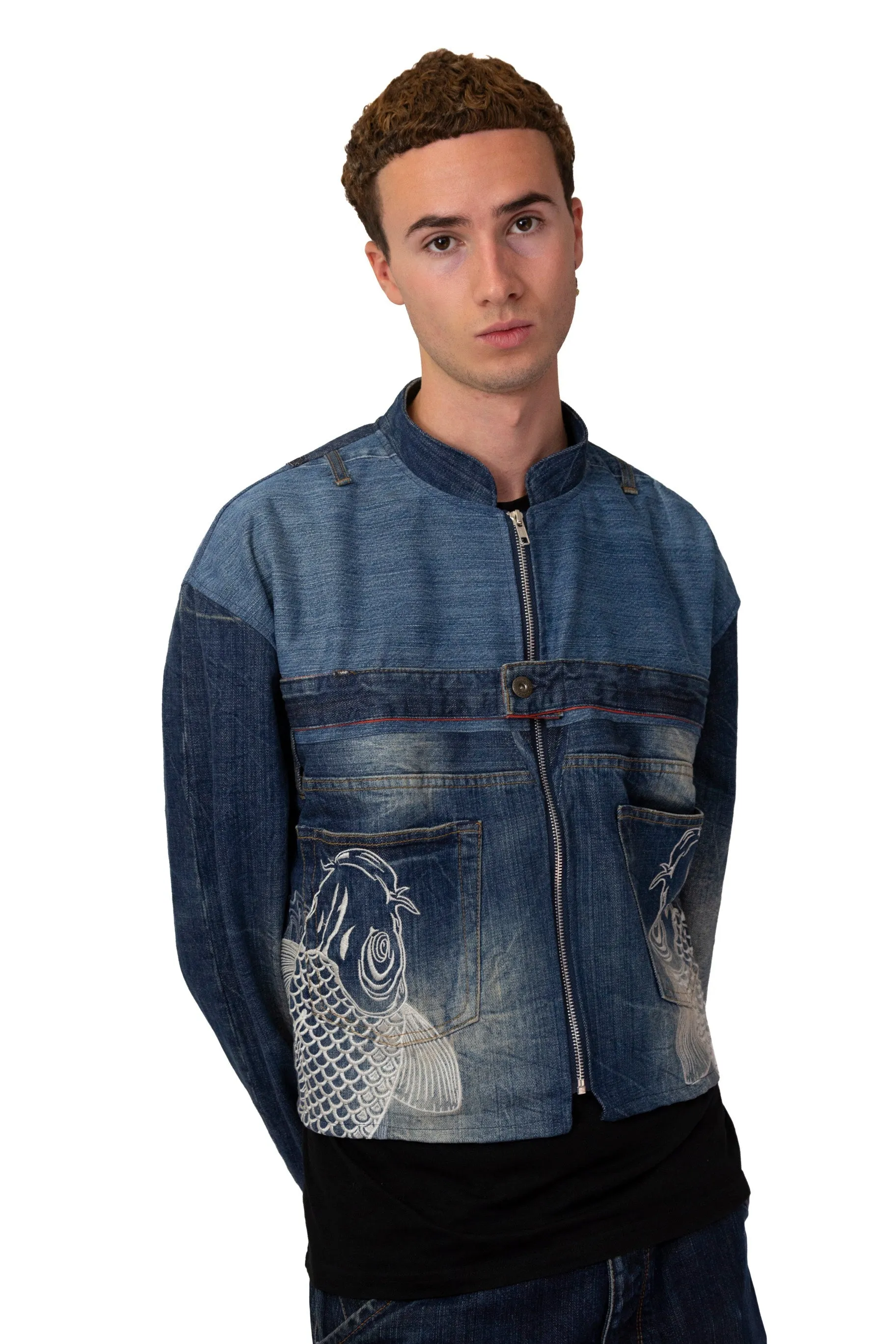 Rework: Kara Kuri Tamashi Zip Up Fish Embroidered Denim Jacket