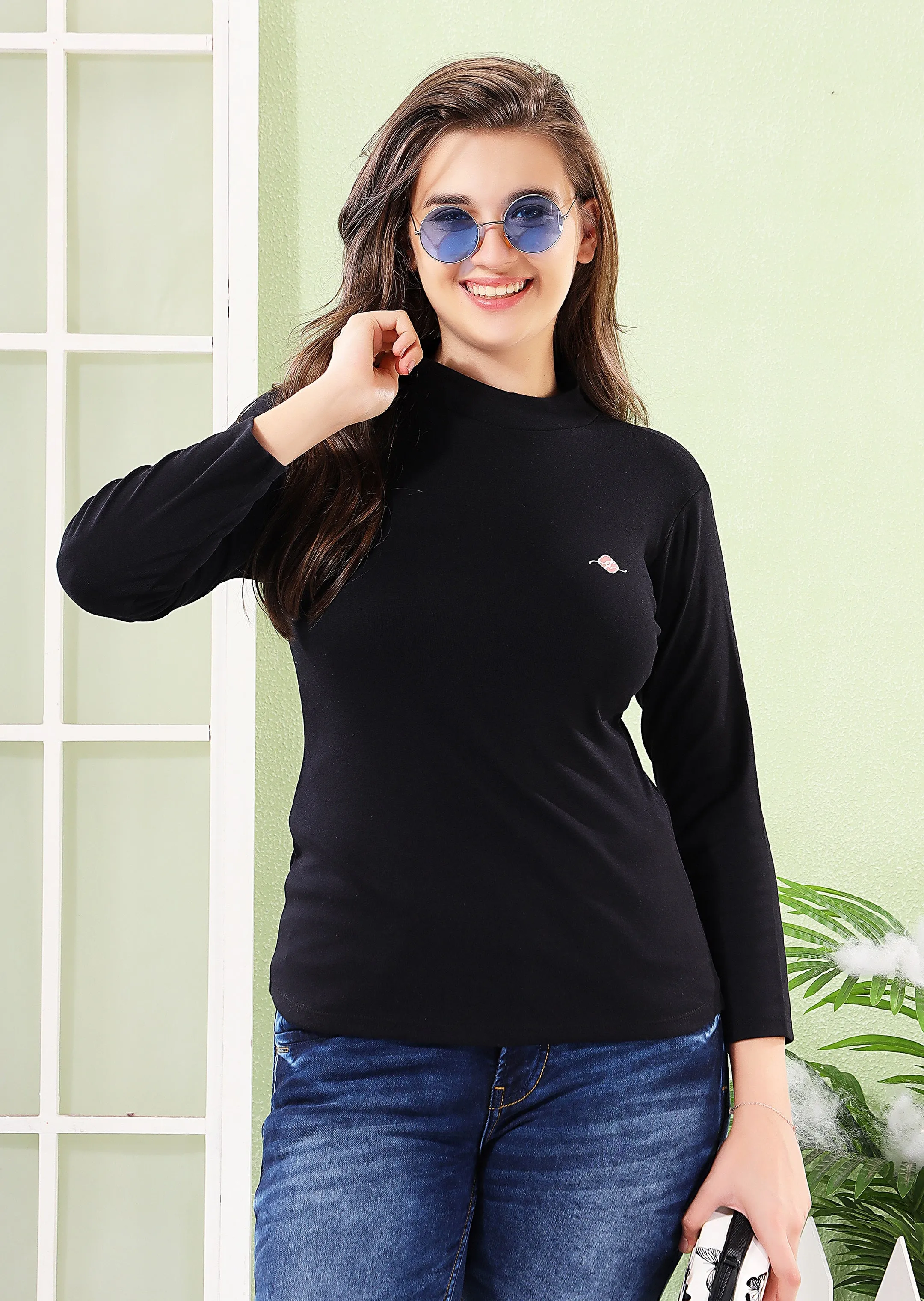 Rib Knit Top: Full Sleeves, High Neck Tops for Women