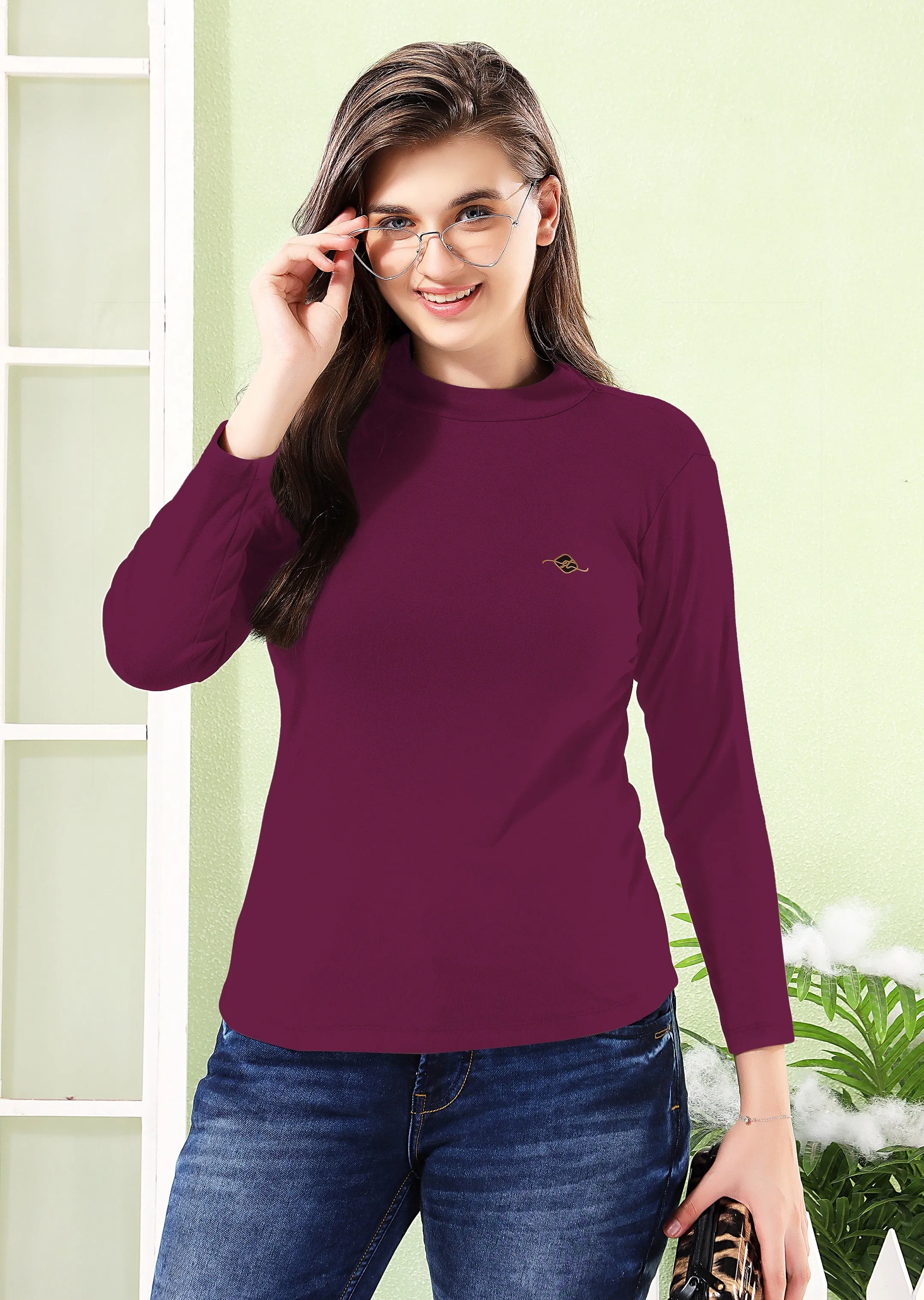 Rib Knit Top: Full Sleeves, High Neck Tops for Women