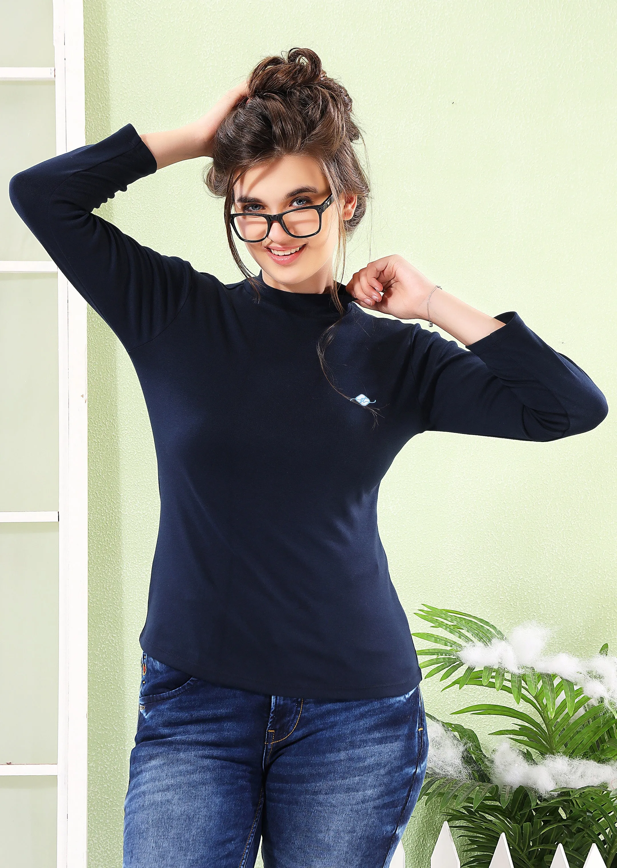 Rib Knit Top: Full Sleeves, High Neck Tops for Women