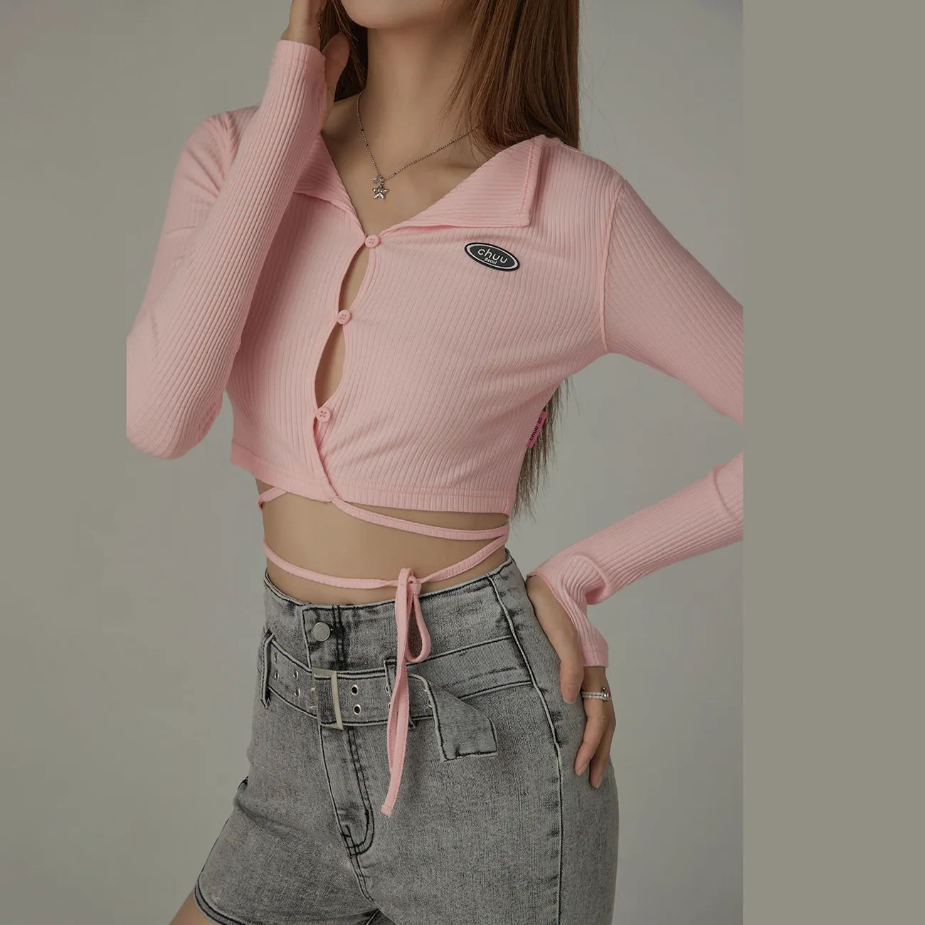 Ribbed Front Keyhole Long Sleeve Criss Cross Top