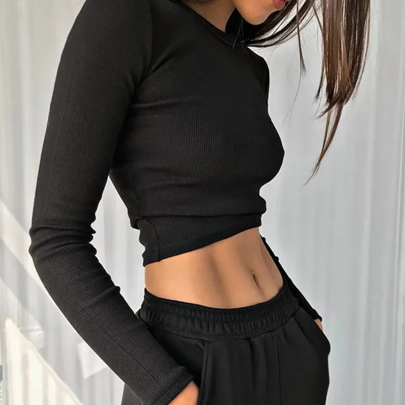 Ribbed Sexy Cropped Long Sleeve Tee