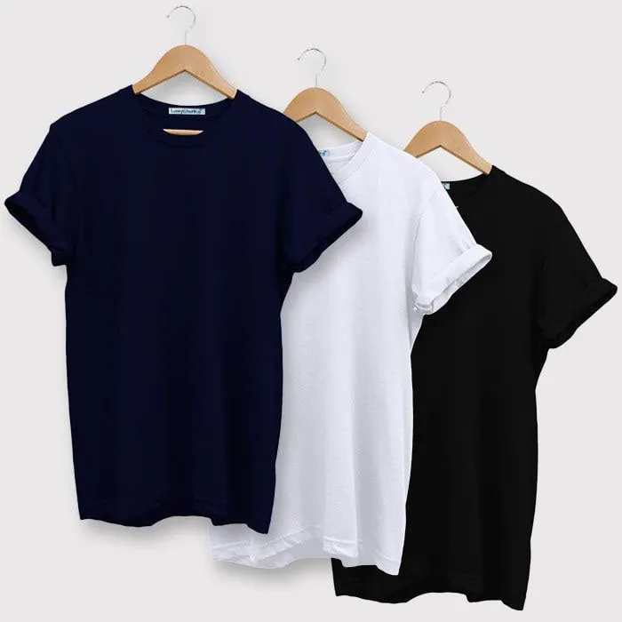 Round Neck Combo "White, Navy Blue & Black" Half sleeves t shirt . (Pack Of 3) by Lazychunks