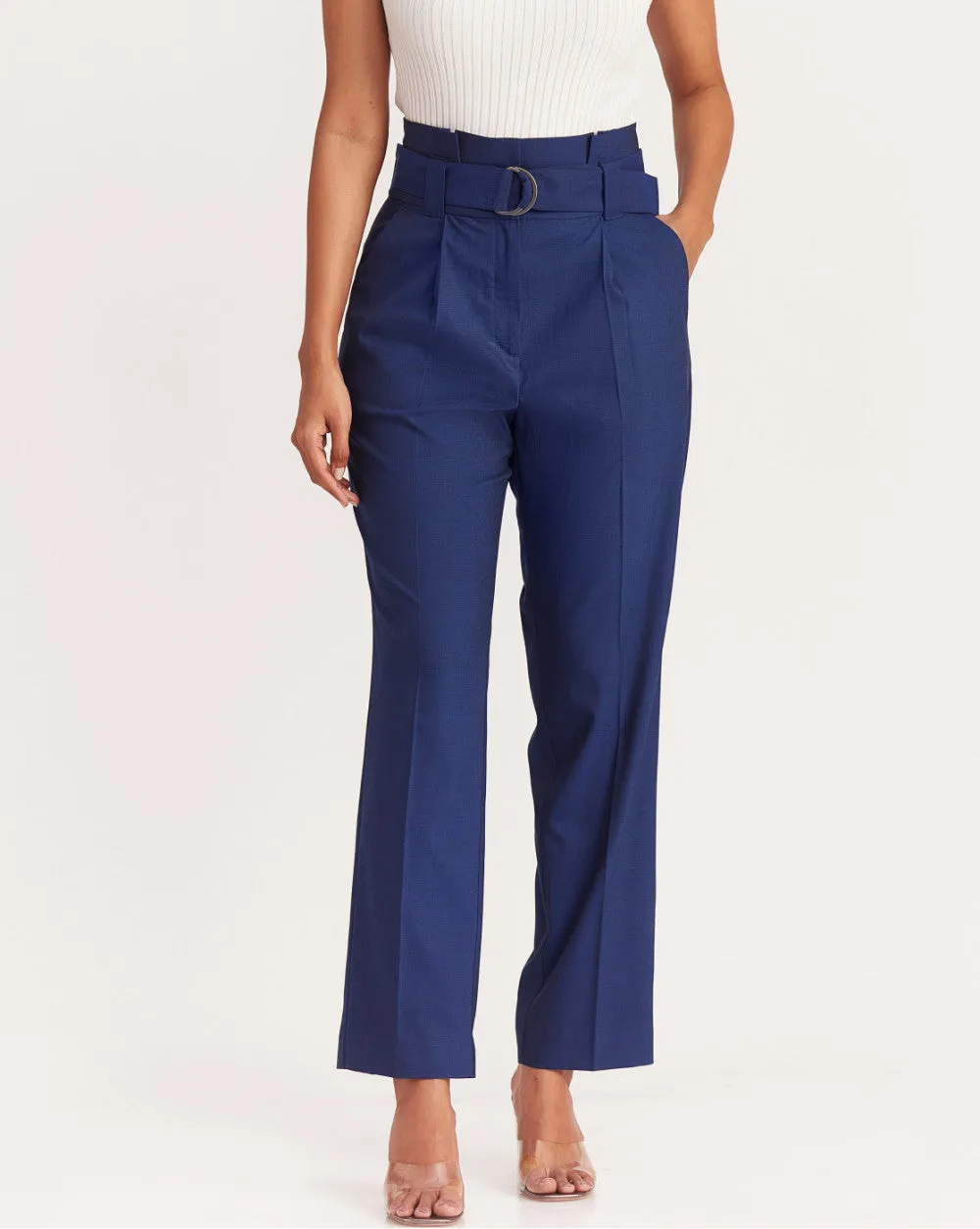 Straight Fit High Waist Pleated Paperbag Trousers - Midnight Blue