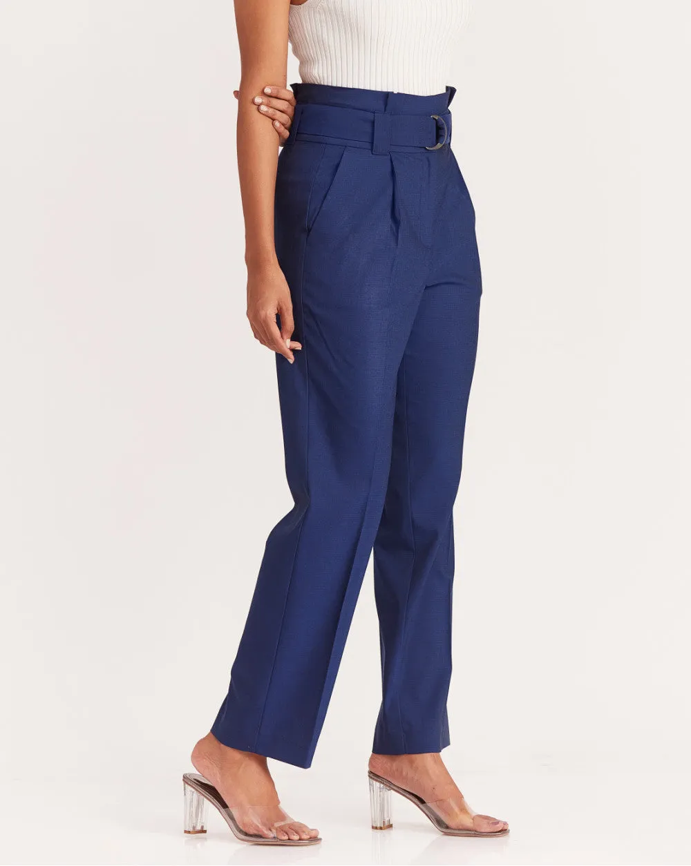 Straight Fit High Waist Pleated Paperbag Trousers - Midnight Blue