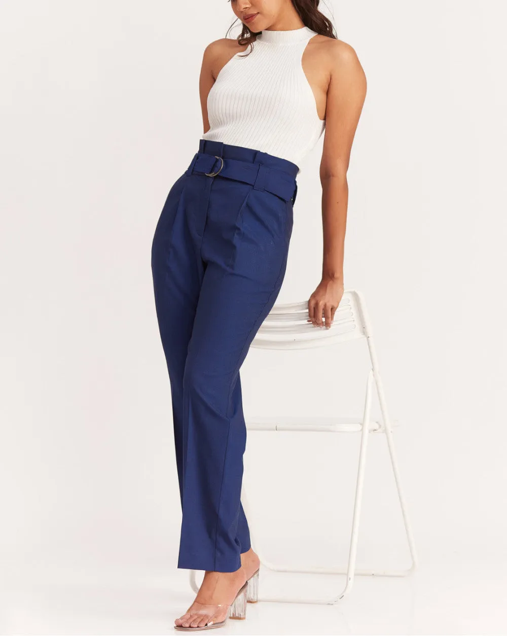 Straight Fit High Waist Pleated Paperbag Trousers - Midnight Blue